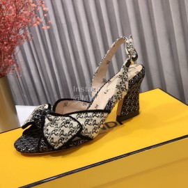 Fendi New Embroidered Jacquard Bow High Heeled Sandals For Women