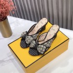 Fendi New Embroidered Jacquard Bow High Heeled Slippers For Women