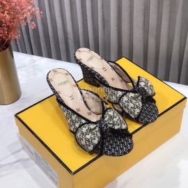 Fendi New Embroidered Jacquard Bow High Heeled Slippers For Women