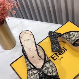 Fendi New Embroidered Jacquard Bow High Heeled Slippers For Women
