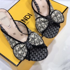 Fendi New Embroidered Jacquard Bow High Heeled Slippers For Women