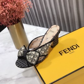 Fendi New Embroidered Jacquard Bow High Heeled Slippers For Women
