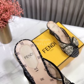Fendi New Embroidered Jacquard Bow High Heeled Slippers For Women