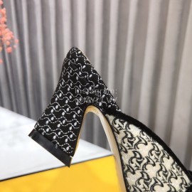 Fendi New Embroidered Jacquard Bow High Heeled Slippers For Women