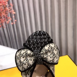 Fendi New Embroidered Jacquard Bow High Heeled Slippers For Women