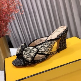 Fendi New Embroidered Jacquard Bow High Heeled Slippers For Women