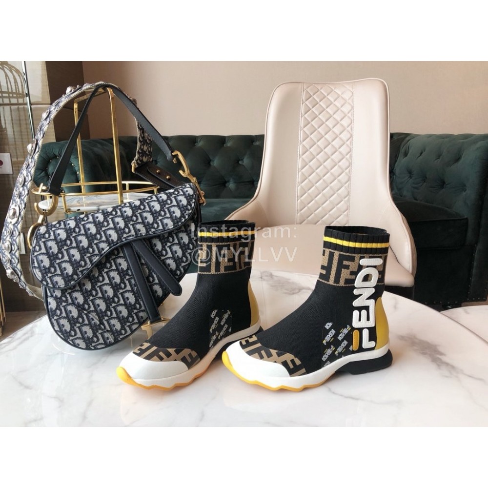 Fendi New Autumn Winter Knitted Leather Boots For Women Black