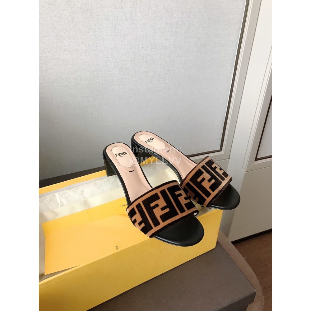 Fendi New Double F Letter Velvet Sheepskin High Heel Slippers For Women