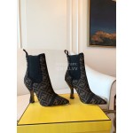 Fendi Autumn Winter Letter Printed Silk Cowhide High Heeled Boots For Women
