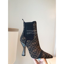Fendi Autumn Winter Letter Printed Silk Cowhide High Heeled Boots For Women