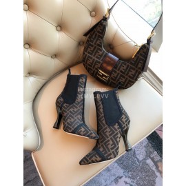 Fendi Autumn Winter Letter Printed Silk Cowhide High Heeled Boots For Women