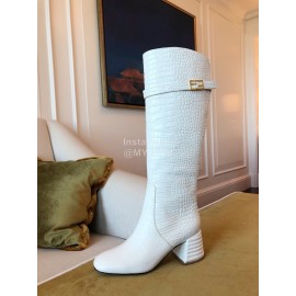 Fendi White Crocodile Calf High Heeled Boots For Women 