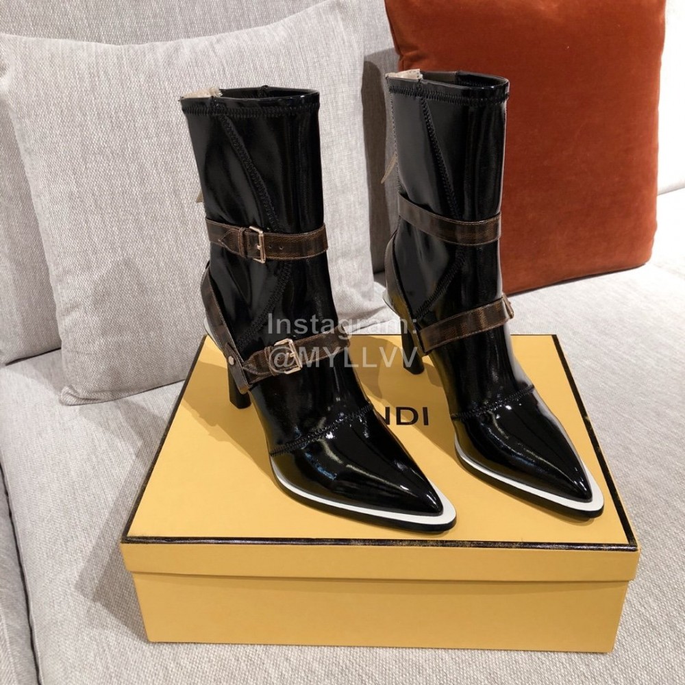 Fendi Autumn Winter New Patent Leather Pointed Boots For Women 