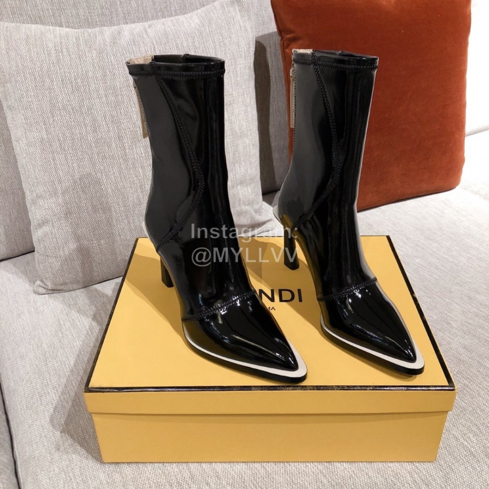 Fendi Autumn Winter New Black Patent Leather Pointed Boots For Women 