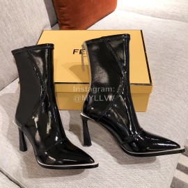 Fendi Autumn Winter New Black Patent Leather Pointed Boots For Women 