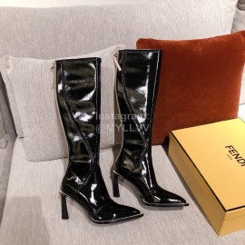 Fendi Autumn Winter New Black Patent Leather Pointed Long Boots For Women 