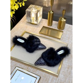 Fendi Autumn And Winter New Soft Warm Wool Pointed Sandals For Women Black