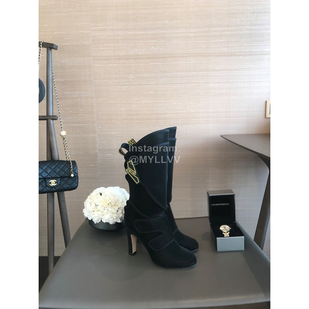 Fendi Fashion Black Leather High Heel Boots For Women 