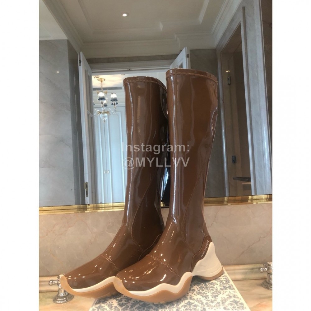 Fendi Fashion Patent Leather Thick Soled Boots For Women Brown
