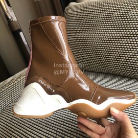 Fendi Fashion Patent Leather Thick Soled Short Boots For Women Brown