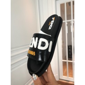 Fendi Fashion Letter Printed Leather Slippers For Women Black