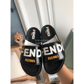 Fendi Fashion Letter Printed Leather Slippers For Women Black
