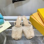 Fendi Collection First Rabbit Hair High Heeled Slippers Beige
