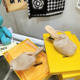 Fendi Collection First Rabbit Hair High Heeled Slippers Beige