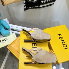 Fendi Collection First Rabbit Hair High Heeled Slippers Beige