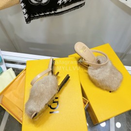 Fendi Collection First Rabbit Hair High Heeled Slippers Beige