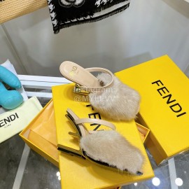 Fendi Collection First Rabbit Hair High Heeled Slippers Beige