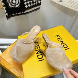 Fendi Collection First Rabbit Hair High Heeled Slippers Beige