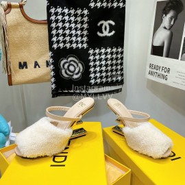 Fendi Collection First Rabbit Hair High Heeled Slippers White