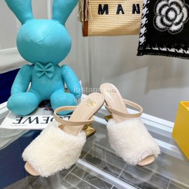 Fendi Collection First Rabbit Hair High Heeled Slippers White