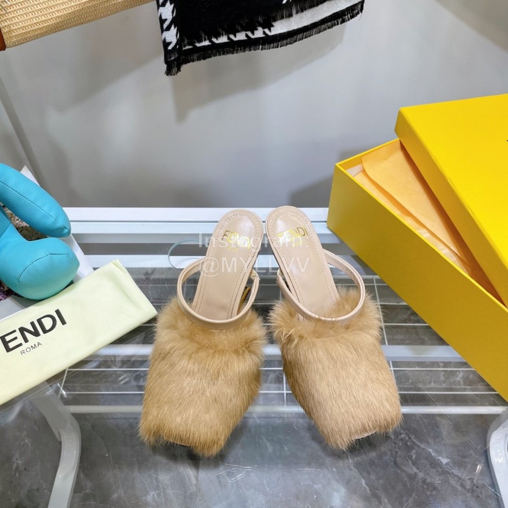 Fendi Collection First Rabbit Hair High Heeled Slippers Khaki