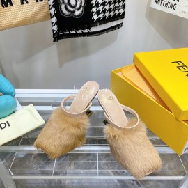 Fendi Collection First Rabbit Hair High Heeled Slippers Khaki
