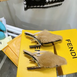 Fendi Collection First Rabbit Hair High Heeled Slippers Khaki