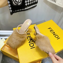 Fendi Collection First Rabbit Hair High Heeled Slippers Khaki