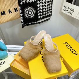 Fendi Collection First Rabbit Hair High Heeled Slippers Khaki