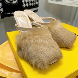 Fendi Collection First Rabbit Hair High Heeled Slippers Khaki