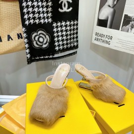 Fendi Collection First Rabbit Hair High Heeled Slippers Khaki