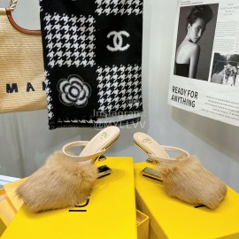 Fendi Collection First Rabbit Hair High Heeled Slippers Khaki