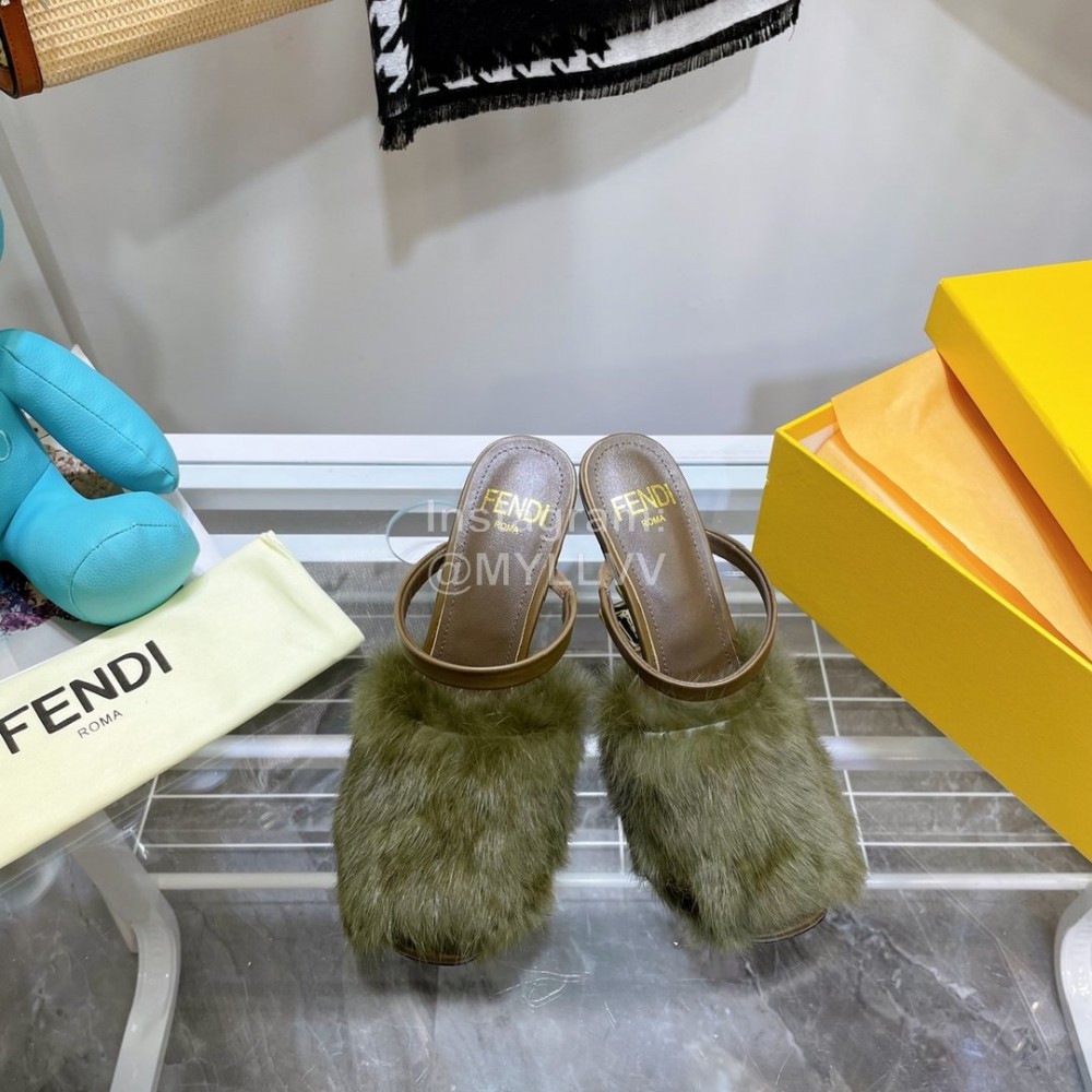 Fendi Collection First Rabbit Hair High Heeled Slippers Green