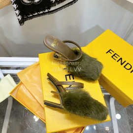 Fendi Collection First Rabbit Hair High Heeled Slippers Green