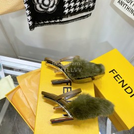 Fendi Collection First Rabbit Hair High Heeled Slippers Green