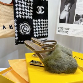 Fendi Collection First Rabbit Hair High Heeled Slippers Green