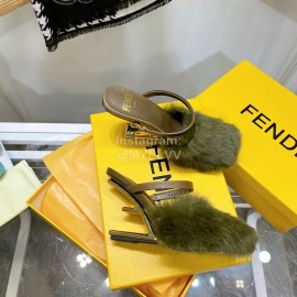 Fendi Collection First Rabbit Hair High Heeled Slippers Green