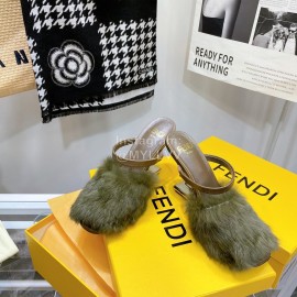 Fendi Collection First Rabbit Hair High Heeled Slippers Green