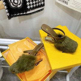 Fendi Collection First Rabbit Hair High Heeled Slippers Green