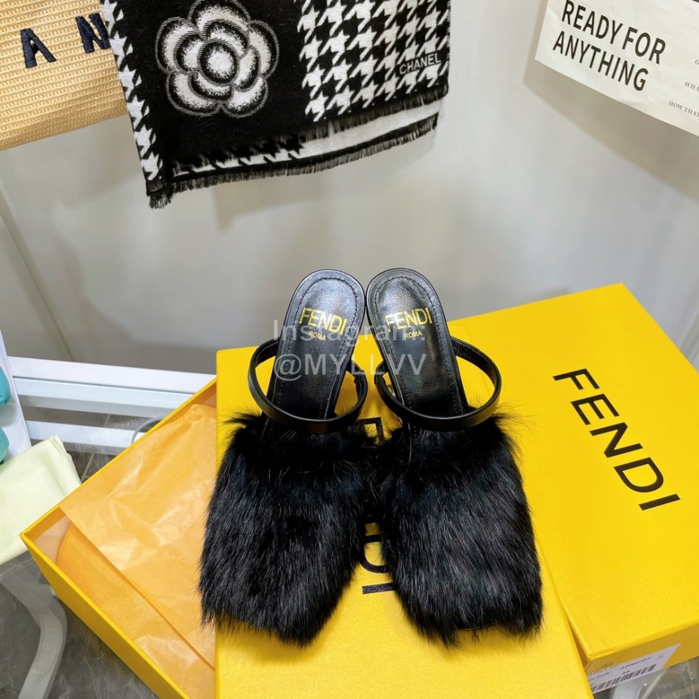 Fendi Collection First Rabbit Hair High Heeled Slippers Black
